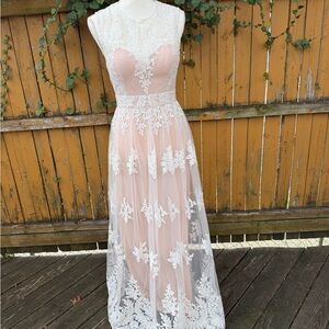 BHLDN Elegant Lace Overlay Pink Dress